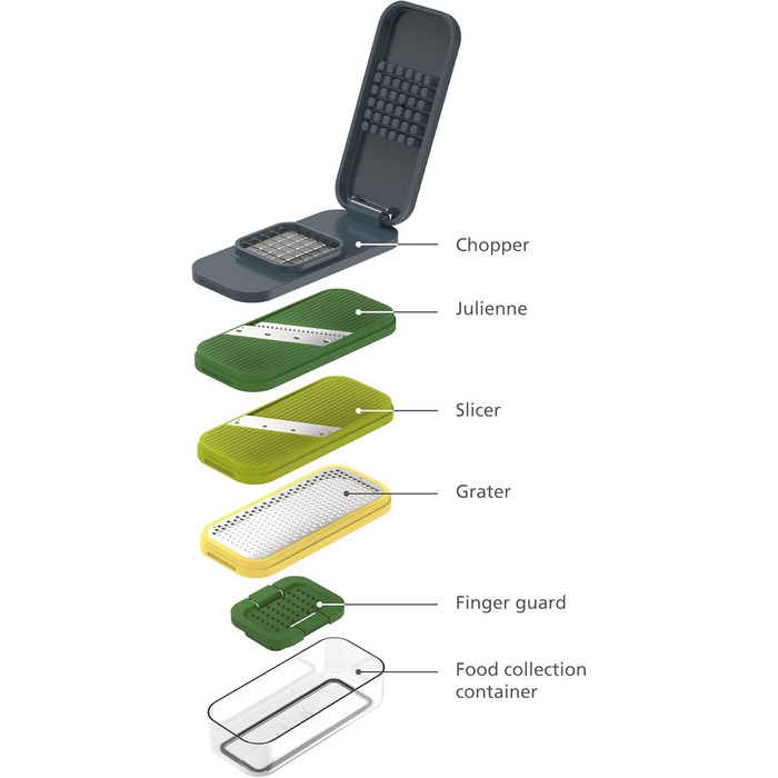 Набір Joseph Joseph Multi-Prep Compact 4-в-1: овочевий тертак, шинкер для цибулі, нарізчик для картоплі фрі, тертак для сиру, нарізчик Julienne з контейнером