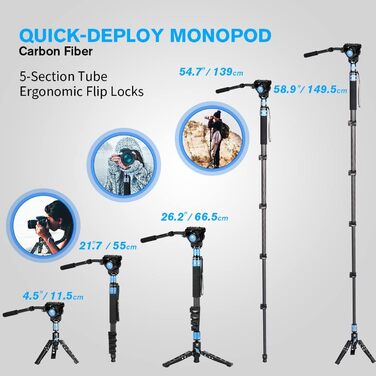 SIRUI Monopod P-325FS+VH-10: Вуглецеве моноподіум, 170 см, для DSLR, вантажопідйомність 10 кг