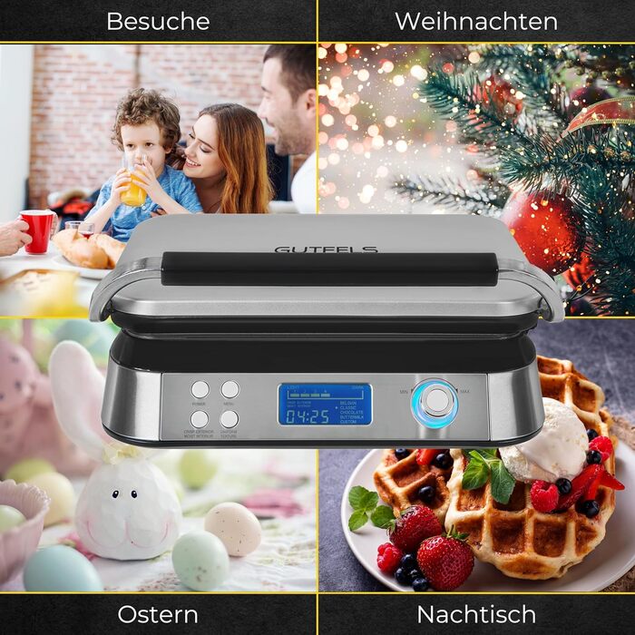 GUTFELS WAFFLE 5010 Electric Waffle Maker with Non-Stick Plates, Timer, Display, Overflow Protection, 5 Programs, and Overheat Protection