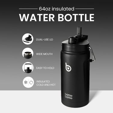 BOTTLE BOTTLE Insulated Water Bottle, 1.8L, with Straw and Double Lid, Half-Gallon Water Jug, Stainless Steel, for Workout and Sports, Insulated Growler with Handle, Black