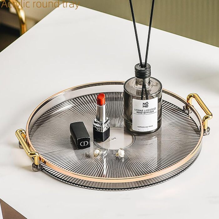Round Serving Tray with Acrylic Handles, Golden Decorative Tray, Serving Tray for Coffee Table, Centerpiece, Kitchen, Large Metal Tray, Round Tray, Decorative Tray, Decorative Plate, Smoke Gray