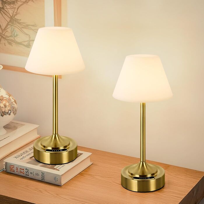 Світлодіодний акумуляторний настільний світильник OUTON (2 шт), USB-C, 3 режими світла, сенсорне керування, водонепроникний IP54, до 53 годин, для ванної, кухні, вулиці (Золотий)