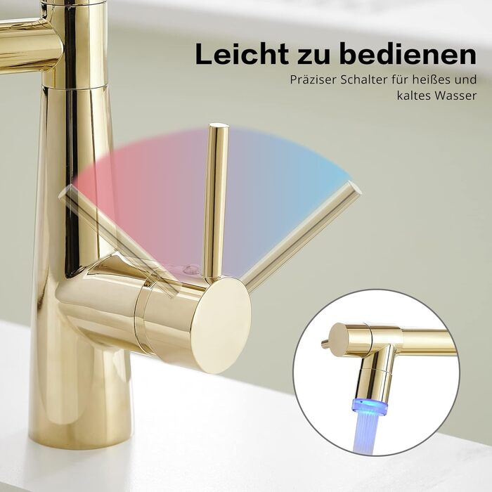 Змішувач кухонний LED Chrome з висувною лійкою, 360° поворот, 2 виходи, високий тиск (золотий)