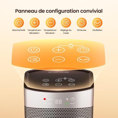 Електричний обігрівач з термостатом 1500W, 70°C, PTC кераміка, тихий, ECO-режим, таймер 24 год, захист від перегріву та перекидання, срібний, 41 см