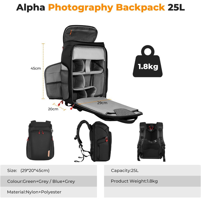 Рюкзак для фотокамери K&F Concept Alpha, 25L, чорний/червоний, з відділенням для 16-дюймового ноутбука, сумісний з Canon/Nikon/Sony/DJI Mavic