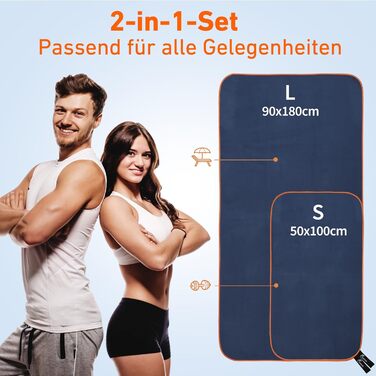 Набір з 2 рушників з мікрофібри (180x90см + 100x50см), швидковисихаючі, без піску, для пляжу, спорту, фітнесу, кемпінгу, темно-сірий - зелений (королівський синій - червоний)