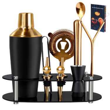 Коктейльний набір 14 предметів з підставкою, 700 мл, золотий – для барменів та початківців
