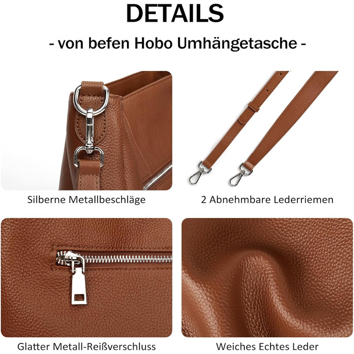 Сумка жіноча шкіряна Befen Shopper Hobo середнього розміру, коричнева (A-braun) з 2 ремінцями