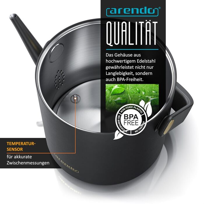 Arendo Stainless Steel Electric Kettle with Temperature Control - 40° to 100° - Keep Warm Function - 0.5 Liter - Sensor Buttons - 360° Swivel Base - Retro Design - Black