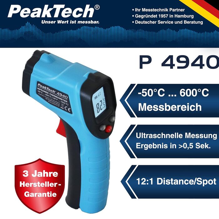 Інфрачервоний термометр PeakTech P 4940 – вимірювання від -50°C до 600°C з лазером, функція Auto-Hold, інструкція та батарейки в комплекті
