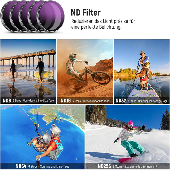 Набір фільтрів ND NEEWER для DJI Osmo Action 5 Pro/4/3 (6 шт.): ND8, ND16, ND32, ND64, ND256, CPL. Фільтри з HD оптичного скла, з мікрофіброю. Аксесуари для екшн-камери