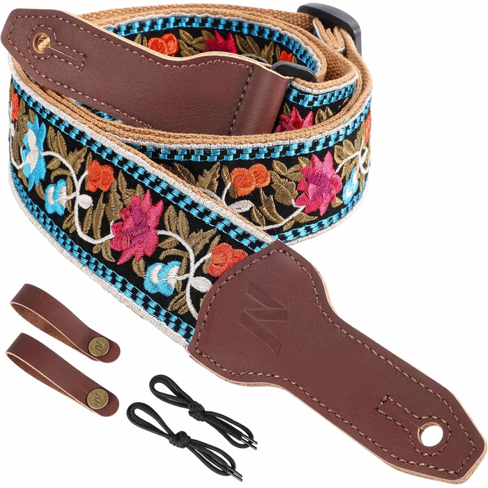 Гітарний ремінь Nefelibata Banjo-Gurt, 5,1 см, повна шкіра з телячої шкіри, вишивка квітів