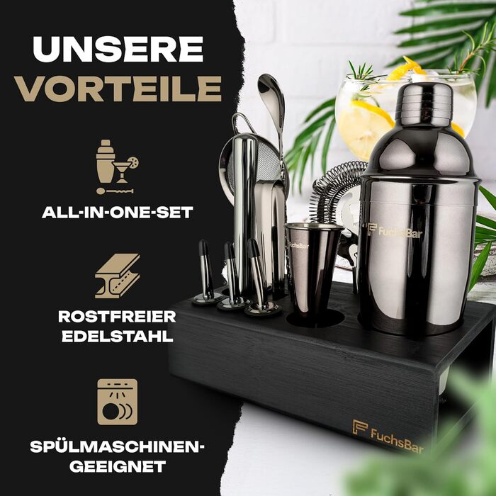 FuchsBar Cocktail Set, 8-Piece, Stainless Steel, with Shaker, Strainer, Spoon, Recipe Cards & Accessories – Perfect Bar Set for Home, Parties & as a Gift