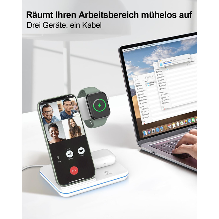 Бездротова зарядка 3-в-1 для Apple iPhone, Apple Watch та AirPods (біла)