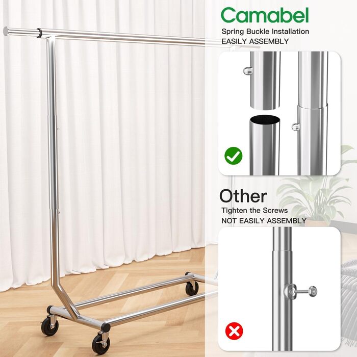 Camabel Clothes Rack with Wheels, 303lbs Clothes Stand, Metal, Adjustable Length 130-189cm (51-75in), Stainless Steel, Wheels, Rolling Garment Rack, Extendable, Clothes Hanger with Brake, Metal Wardrobe Stand