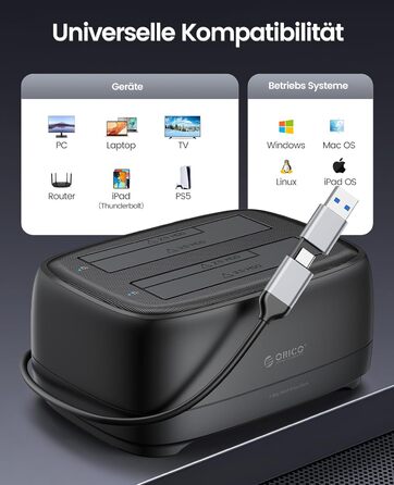 ORICO Док-станція для жорстких дисків, USB 3.2 Gen 1, 2 відсіки, підтримка 2.5/3.5 HDD/SSD, до 20TB, UASP, 12V 3A