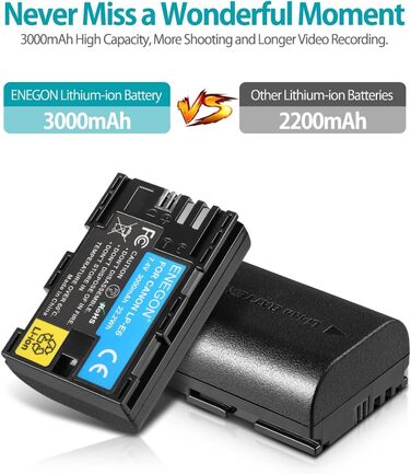 Запасний акумулятор ENEGON LP-E6 (2 шт.) та розумне LED Dual USB зарядне пристрій для Canon EOS 5D Mark II/III/IV, 5DS, 5DS R, 6D, 7D, 7D Mark II, 60D, 70D, 80D та інші моделі Canon (2 x LP-E6)