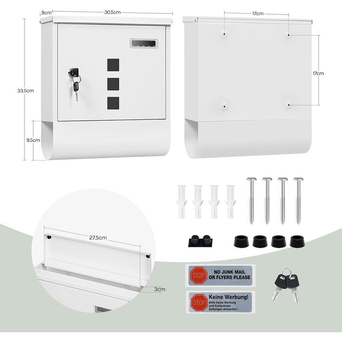 Поштовий ящик WOLTU з газетницею, оглядовим вікном та табличкою для імені, настінний, замикається (2 ключі), білий (30,5x33,5x9 см)