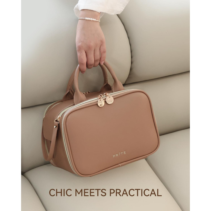 Косметичка для макіяжу велика містка з водонепроникним покриттям та ручкою (Колір: Коричневий, Комплект L-Full)