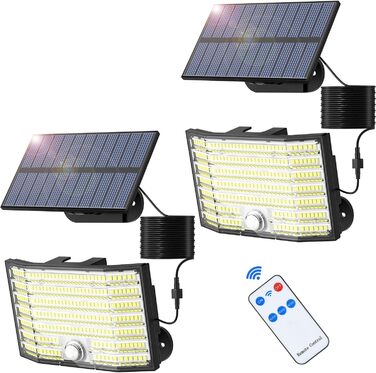 Сонячні LED світильники для вулиці 226 LED з датчиком руху, 3 режими, IP65 водонепроникні, настінні прожектори для саду та гаража з кабелем 5 м, комплект 2 шт.