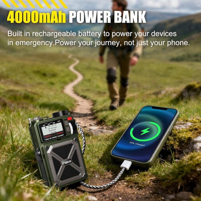 Портативне радіо DAB/DAB+ та FM з Bluetooth 5.3, сонячне радіо, радіо з ручним зарядним пристроєм, SOS, ліхтарик, роз'єм для навушників, SD-карта, USB, 4000 mAh, радіо для надзвичайних ситуацій, темно-зелене, з екраном