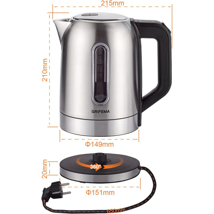 Електричний чайник GRIFEMA 0.8L, 1100W з фільтром від накипу, тихий, швидкий, без BPA, для подорожей, автоматичне відключення, захист від перегріву, білий (нержавіюча сталь 1.7L)