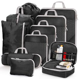 Набір органайзерів для валізи 10 шт. Packing Cubes з компресією, чорний – органайзери для подорожей, одягу, рюкзака