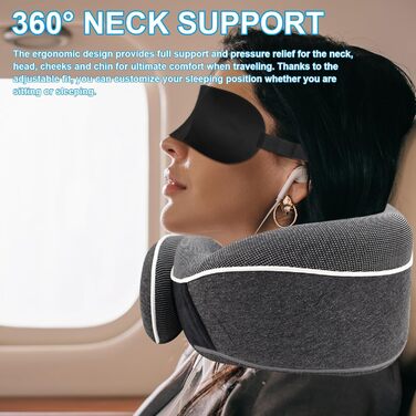 Подушка для шиї у подорожах Memory Foam - Подушка-вишийначка з маскою для сну та навушниками - Сіра