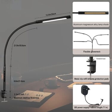 Світлодіодна настільна лампа EYOCEAN з кліпсою, диммер, регулювання колірної температури, чорна матова 12W