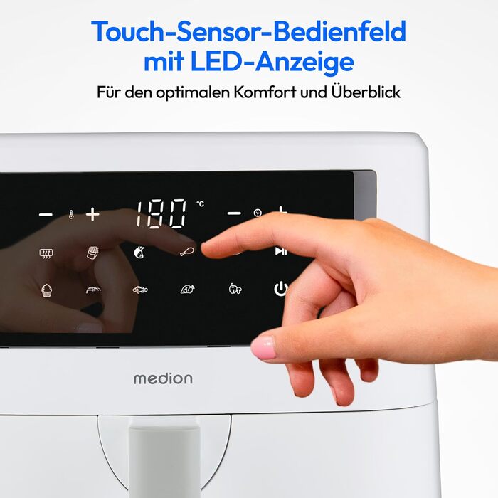 Аерофритюрниця MEDION P10 XL Duo 6.8л, 2150 Вт, з нержавіючою сталлю, 9 програм, сенсорне управління, LED дисплей, без PFAS, матове біле