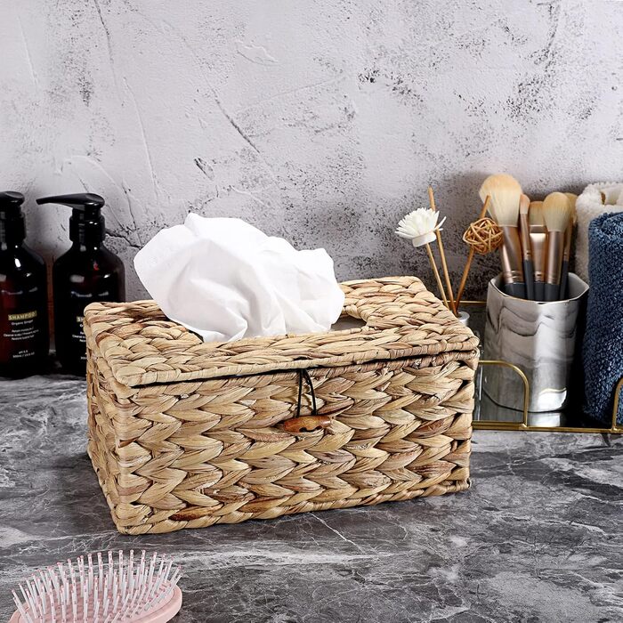 SUMNAKON Brown Rattan Tissue Box with Lid, Cosmetic Tissue Boxes, Napkin Storage Box for Bathroom, Living Room, Office, Restaurant, Crafts (Rectangle, Large)
