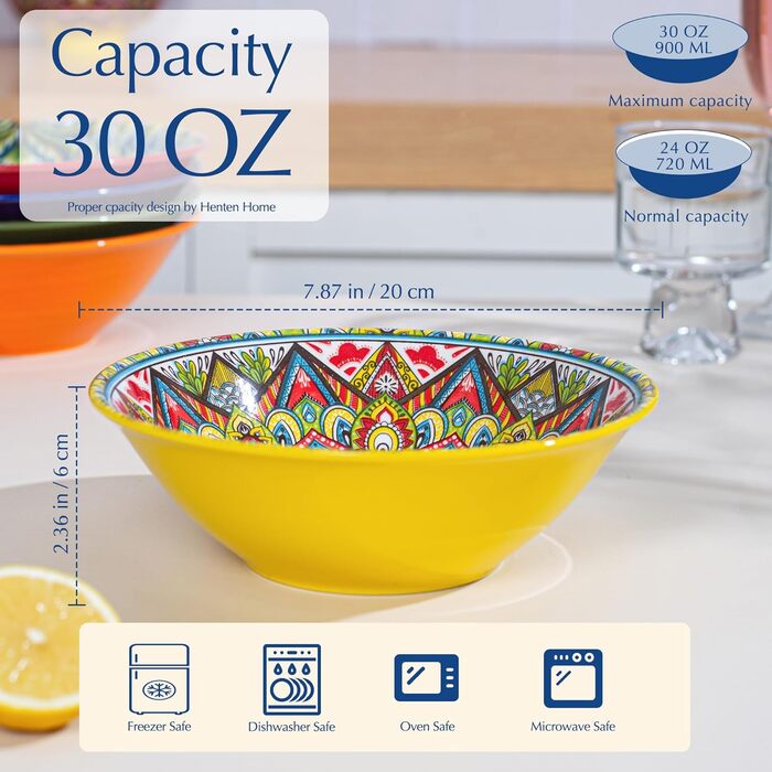 Набір супових тарілок з кераміки (6 шт) – 900 мл, кольорові салатники для кухні