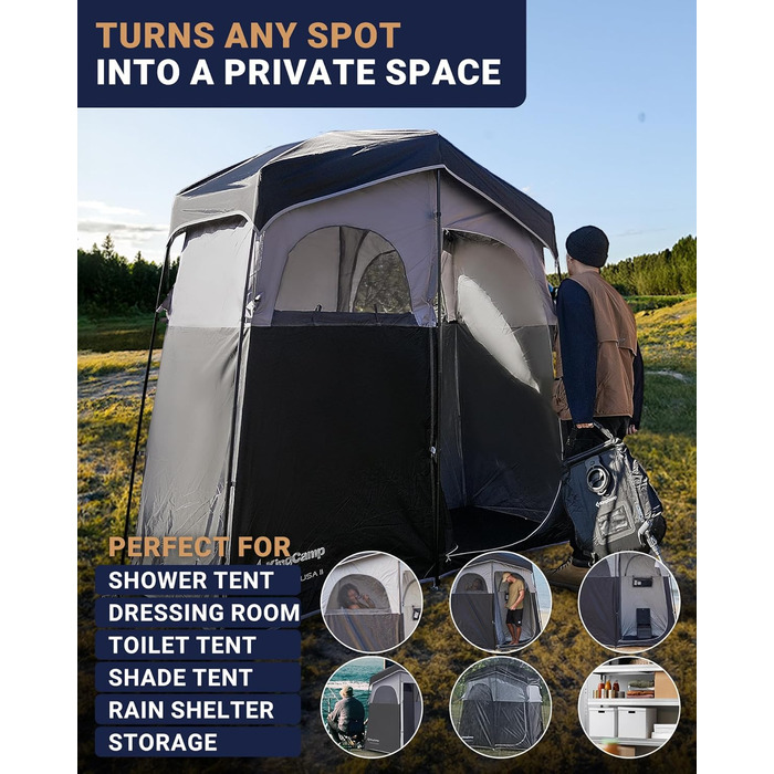 Намет для душу KingCamp великого розміру для кемпінгу, переодягання, приватність, чорний/сірий, 200 x 105 x 203 см