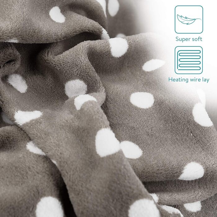 Електрична ковдра Navaris XXL 180x130 см з 3 рівнями нагріву, автовимкненням та можливістю прання. Тепла та м'яка ковдра з точками, темно-сірого кольору.
