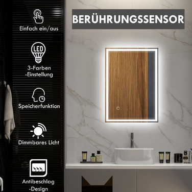Дзеркало для ванної кімнати HOMCOM з підсвіткою LED. Сенсорне керування, білий колір.