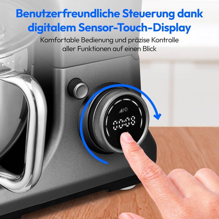 Кухонна машина MEDION MD18430: 3-в-1 (міксер, м'ясорубка, тістоміс), 5 л чаша з нержавіючої сталі, 1200 Вт, цифровий дисплей, чаша для льоду, титан