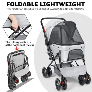 Візок для собак Wedyvko до 20 кг, 4 колеса, складний, для маленьких та середніх собак та котів, з кошиком для зберігання та тримачем для напоїв (сірий)