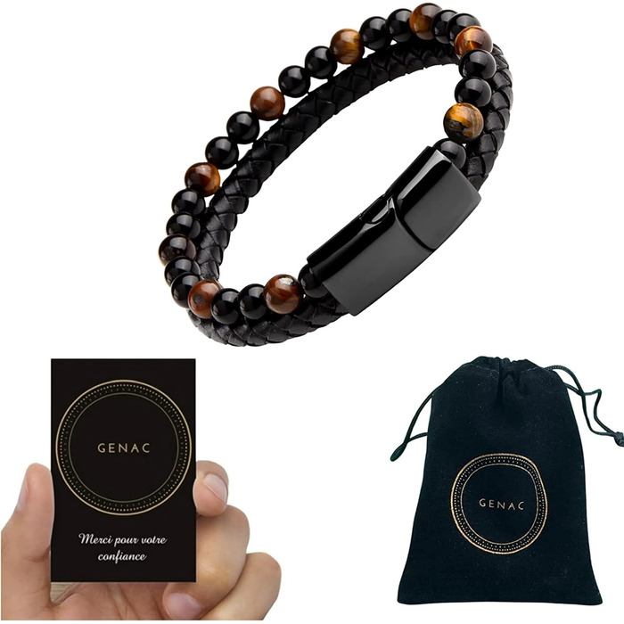 Браслет чоловічий з натурального каменю 6 мм та шкіри, магнітний замок, коричневий