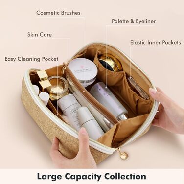 Косметичка велика містка для подорожей, водонепроникна з PU-шкіри, з прозорими перегородками та ручкою (M, Коричнева квітка)