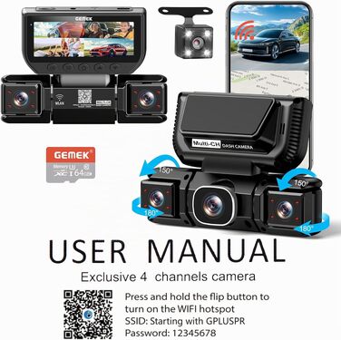 Автомобільний відеореєстратор GEMEK 4K/2K 360° огляду, 4-канальна Dashcam (передня, задня, ліва та права камери), 5G Wi-Fi, керування через додаток, G-сенсор, нічна зйомка, 3.16