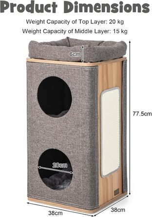 Котячий будиночок SOARS з когтеточкою, 3 яруси, 2 будиночки та ліжко, когтеточний комплекс для котів