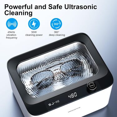Ультразвукова очищувачка 900мл, 50W, 45kHz для ювелірних виробів, окулярів, годинників, зубних протезів, з 6 режимами та функцією дегазації, біло-чорна
