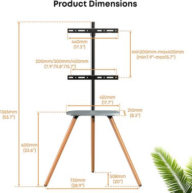 Adjustable TV Stand with Easel Design - Fits 43-65 inch TVs, Max VESA 400x400mm, 35kg Weight Capacity, Wood Tray - White (Black)