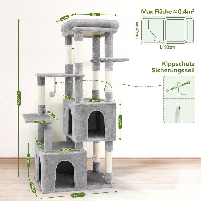 Драбина для котів Globlazer XL (156 см) з будиночком, платформами та когтеточками, сірий