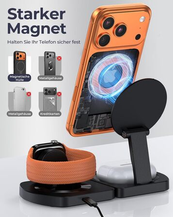 Бездротова зарядка Induktive для iPhone 17 Air/16/15/14/13/12, 3-в-1 з підтримкою MagSafe, Apple Watch та AirPods, чорний матовий