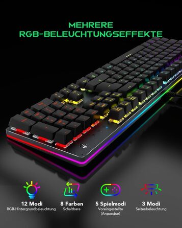 Black Shark Механічна ігрова клавіатура RGB, QWERTZ, німецьке розкладка, червоні перемикачі, 105 клавіш, металева пластина, програмована, для геймерів