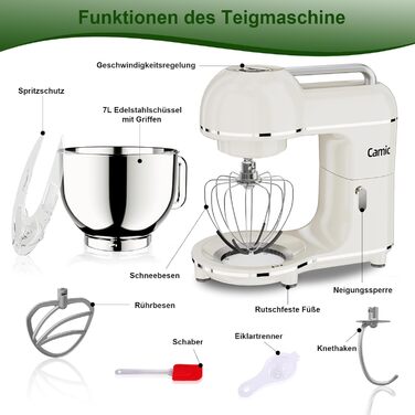 Кухонний комбайн-міксер Camic 2000W, чаша з нержавіючої сталі 7л, 10 швидкостей, набір насадок та захист від бризок, білий