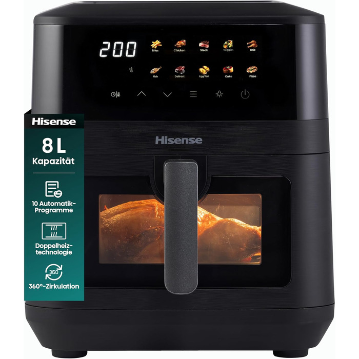 Фритюрниця без олії Hisense HAF2700DCD, 2700 Вт, 11 л, 8 програм, антипригарне покриття, дисплей, енергоефективна, SyncServe, чорна