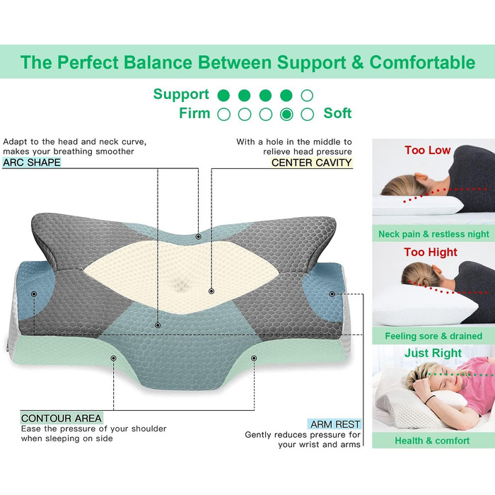 Elviros Orthopedic Memory Foam Pillow, Side Sleeper Pillow, Neck Support Pillow, Head Pillow for Neck Pain, Ergonomic Sleep Pillow for Neck and Shoulder Pain, 53.8 x 11/9 x 33 cm Dark Grey 54 x 11/9 x 33 cm