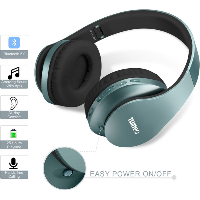 Bluetooth навушники TUINYO Over Ear з мікрофоном, HiFi стерео, складні, бездротові